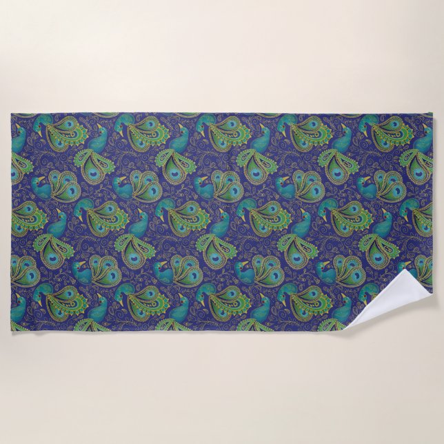 Pfauen-Paisley-Muster Blau Strandtuch (Vorderseite)