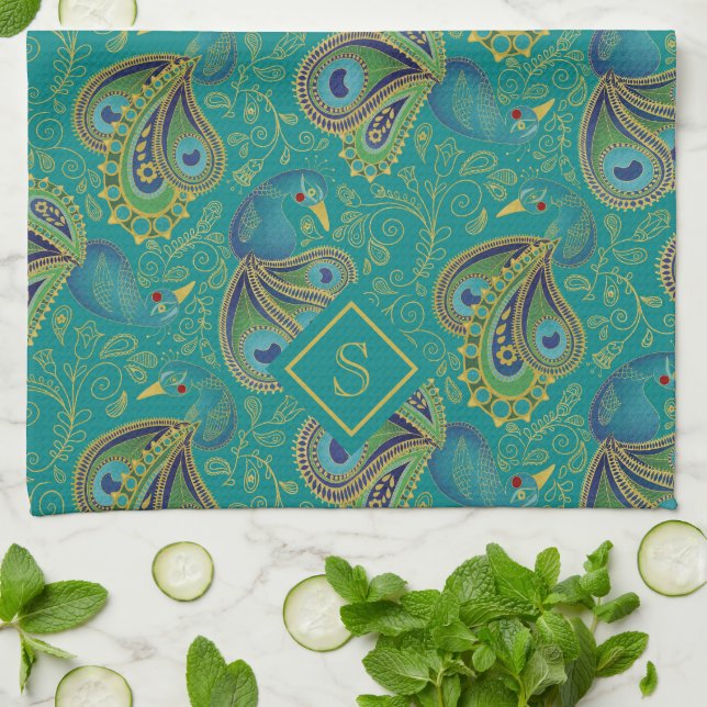 Pfauen-Paisley-Royal-Teal-Monogramm Geschirrtuch (Gefaltet)