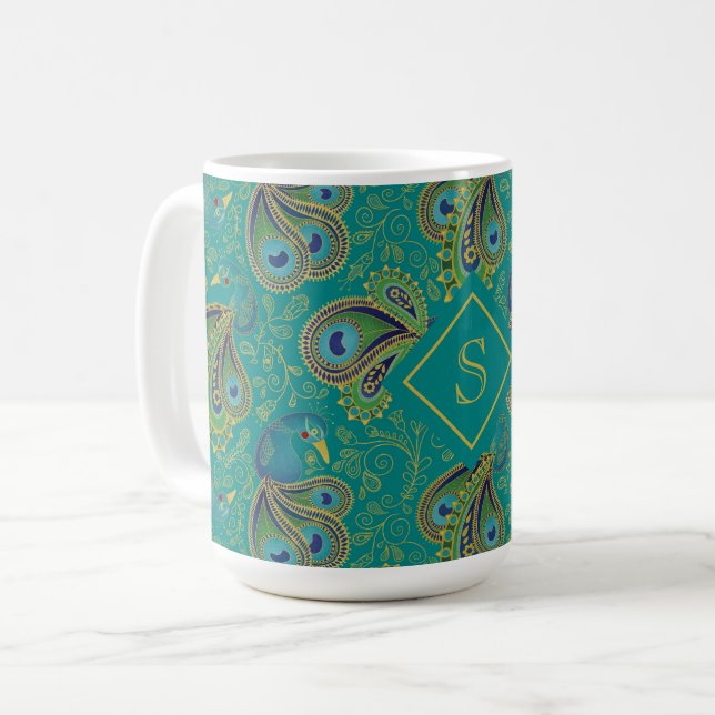 Pfauen-Paisley-Royal-Teal-Monogramm Kaffeetasse (Vorderseite Links)