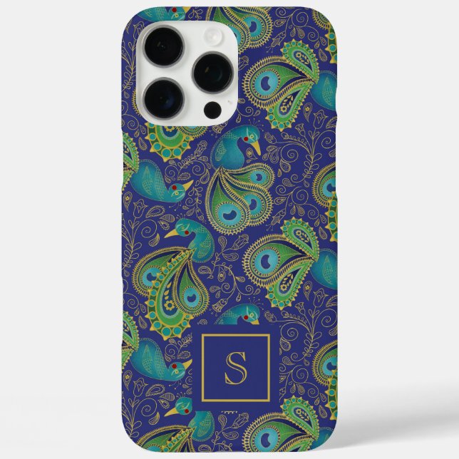 Pfauen-Paisley-Royalblau-Monogramm Case-Mate iPhone Hülle (Rückseite)
