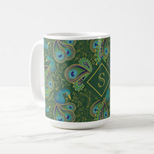 Pfauen-Paisley-Royalgrün-Monogramm Kaffeetasse