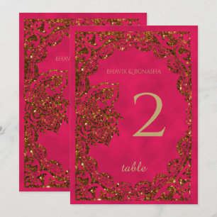 Pfauen-Tischnummer in Rosa und Gold indisch Einladung