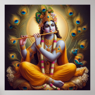 Pfauenaura Krishna Flöte Göttliche Kunst Poster