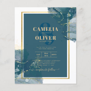 Pfauenblau Gold Alkohol Tinte Chic Hochzeitseinlad Flyer