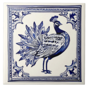 Pfauenblau- und Weiß-Folk-Animationskunst Fliese
