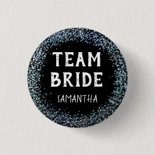 Pfauenblauer Glitter-Team-Braut-Name Schwarz Button