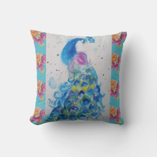 Pfauenblauer Vogel Wasserfarbe Aqua-Rosen-Kissen Kissen