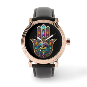 Pfauenfarben Hamsa mit goldenem dritten Auge Armbanduhr
