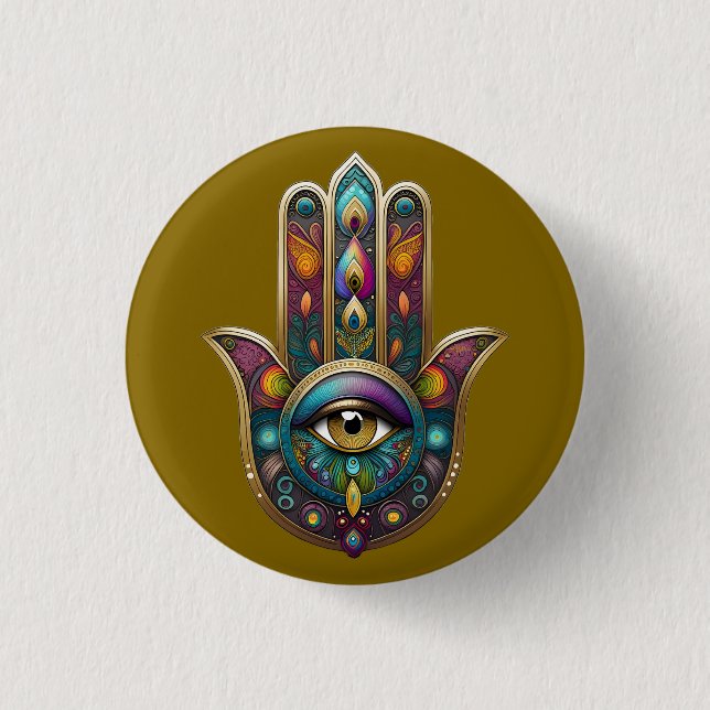 Pfauenfarben Hamsa mit goldenem dritten Auge Button (Vorderseite)