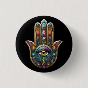 Pfauenfarben Hamsa mit goldenem dritten Auge Button