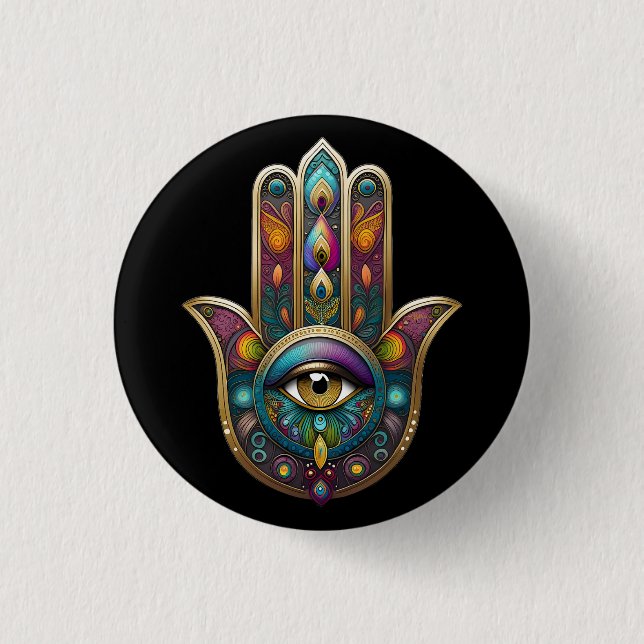 Pfauenfarben Hamsa mit goldenem dritten Auge Button (Vorderseite)