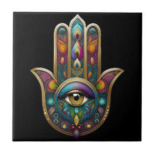 Pfauenfarben Hamsa mit goldenem dritten Auge Fliese