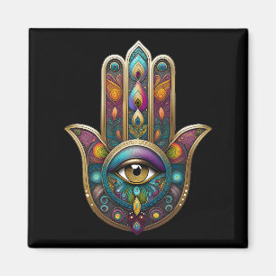 Pfauenfarben Hamsa mit goldenem dritten Auge Magnet