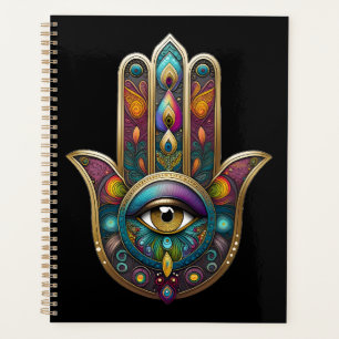 Pfauenfarben Hamsa mit goldenem dritten Auge Planer