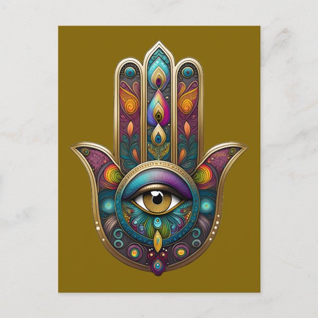 Pfauenfarben Hamsa mit goldenem dritten Auge Postkarte (Vorderseite)
