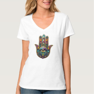 Pfauenfarben Hamsa mit goldenem dritten Auge T-Shirt