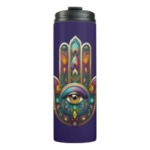Pfauenfarben Hamsa mit goldenem dritten Auge Thermosbecher
