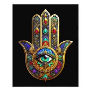 Pfauenfarbene Blütenblätter Hamsa Grün Drittes Aug Fotodruck