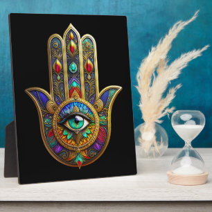 Pfauenfarbene Blütenblätter Hamsa Grün Drittes Aug Fotoplatte
