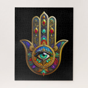 Pfauenfarbene Blütenblätter Hamsa Grün Drittes Aug Puzzle