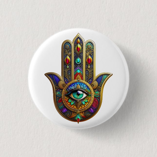 Pfauenfarbene Blütenblätter Hamsa Grünes Drittes A Button (Vorderseite)