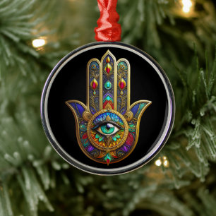 Pfauenfarbene Blütenblätter Hamsa Grünes Drittes A Ornament Aus Metall