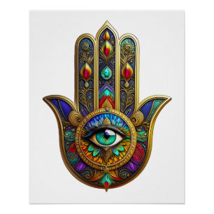 Pfauenfarbene Blütenblätter Hamsa Grünes Drittes A Poster