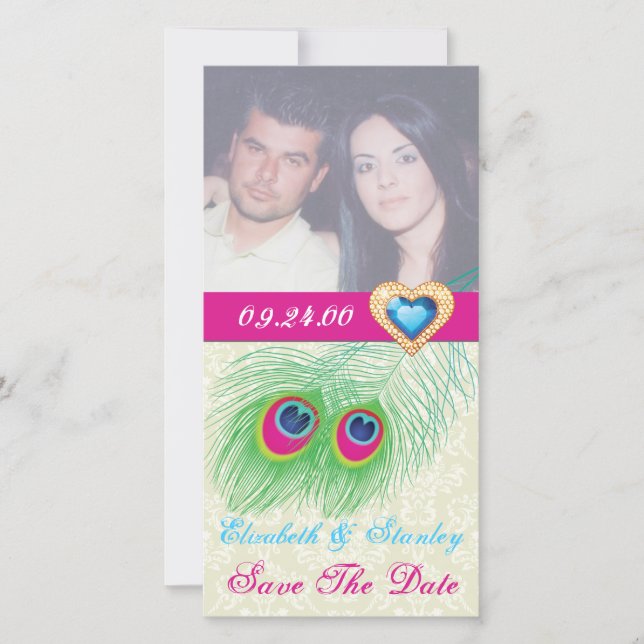 Pfauenfeather Juwelenhochzeit Sicherer Termin Save The Date (Vorderseite)
