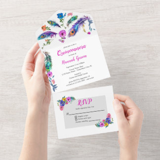 Pfauenfeathers & Blume Quinceañera Haushalt All In One Einladung