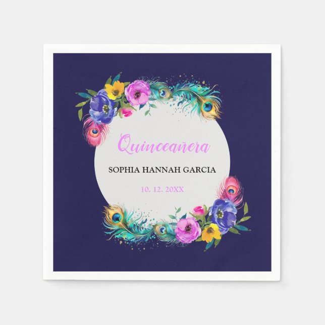 Pfauenfeathers & Blume Quinceañera Lila Serviette (Vorderseite)