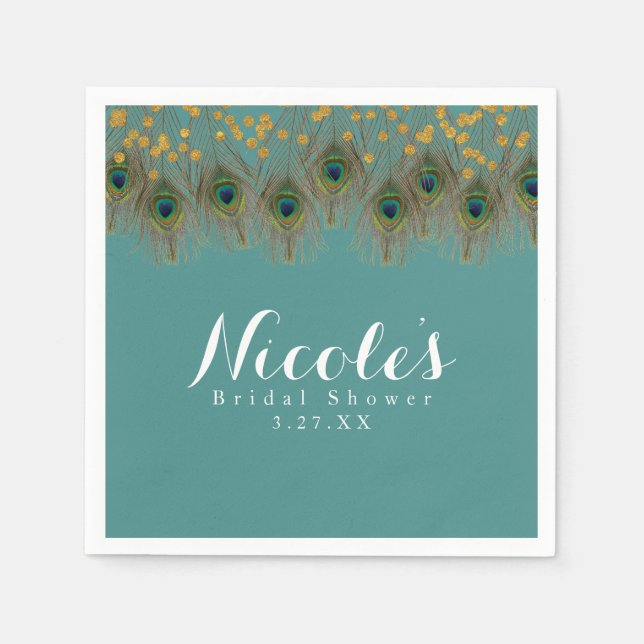 Pfauenfeathers & Gold Dots JEDES FARBParty Serviette (Vorderseite)