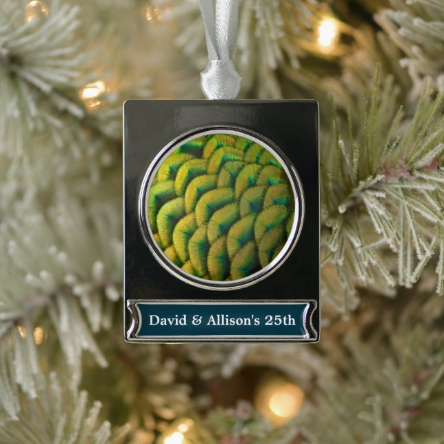 Pfauenfeathers II Farbenfrohe Natur Banner-Ornament Silber (Baum)