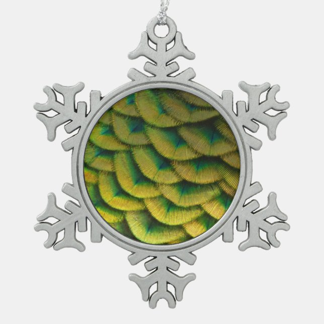 Pfauenfeathers II Farbenfrohe Natur Schneeflocken Zinn-Ornament (Vorderseite)