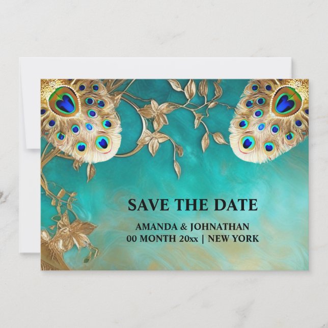 Pfauenfeathers luxuriöse Natur Vogel plumage blu Save The Date (Vorderseite)