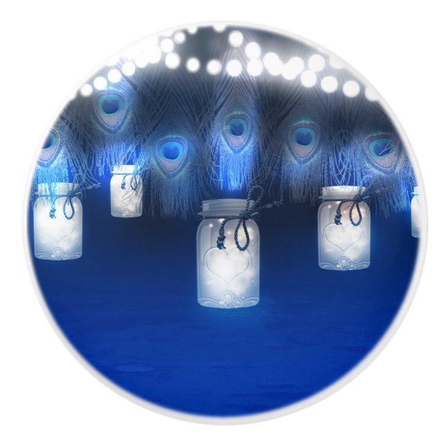 Pfauenfeathers, Mason Jar & String Lights Rustikal Keramikknauf (Vorderseite)