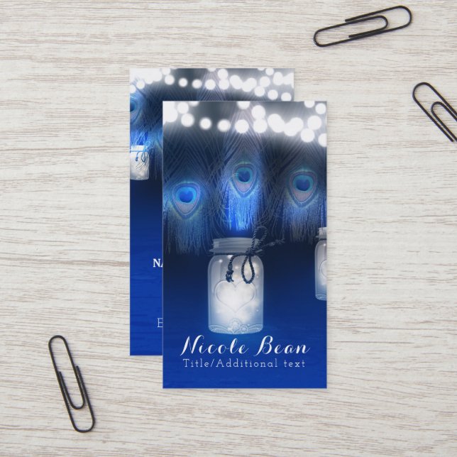 Pfauenfeathers, Mason Jar & String Lights Rustikal Visitenkarte (Vorderseite/Rückseite Beispiel)