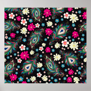 Pfauenfeathers Stickerei Nahtloses Muster Poster