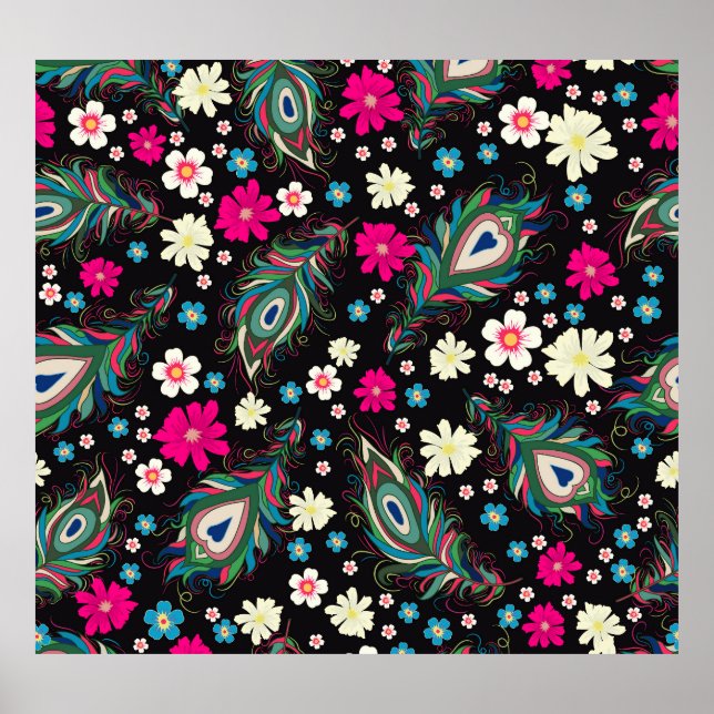 Pfauenfeathers Stickerei Nahtloses Muster Poster (Vorne)