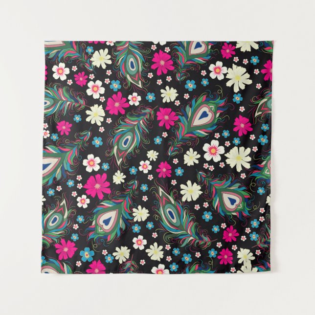 Pfauenfeathers Stickerei Nahtloses Muster Wandteppich (Vorderseite)