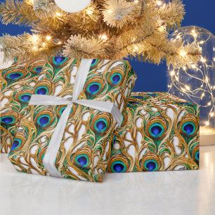 Pfauenfeathers unglaubliches Luxusgold nahtlos Geschenkpapier