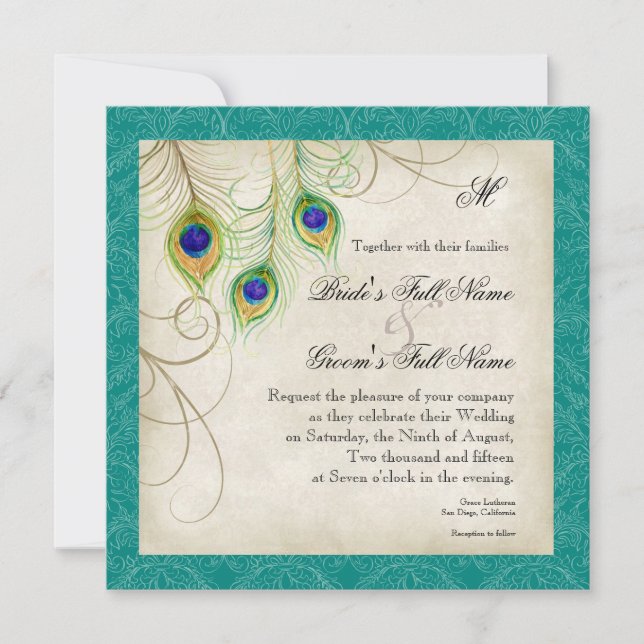 Pfauenfeathers Wedding Invitation - Aquamarin Blue Einladung (Vorderseite)