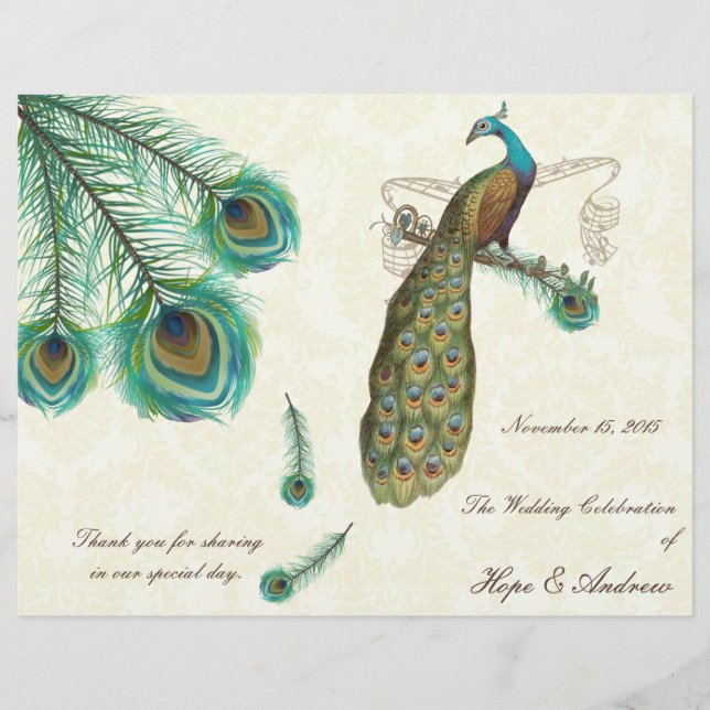 Pfauenfeathers Wedding Program on Damask (Vorderseite)