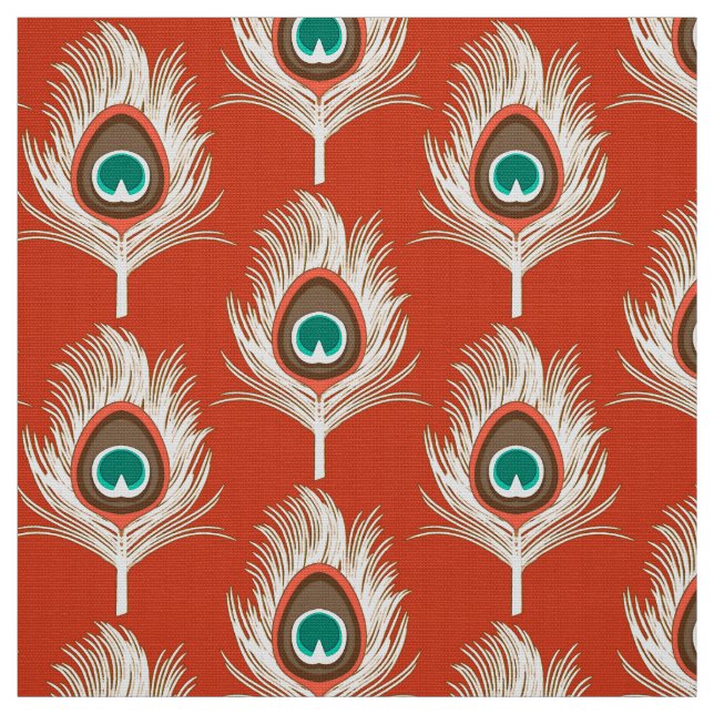 Pfauenfeathers, weiß auf Mandarin Orange Stoff (Muster)