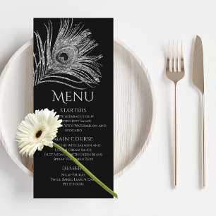 Pfauenfeder Chic Glitter Silber Bat Mitzwa Menükarte