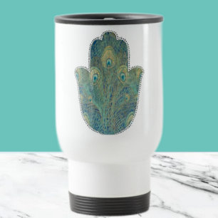 Pfauenfeder Hamsa Boho Judaica Reisebecher