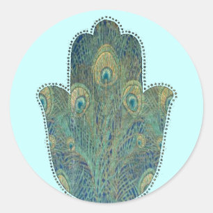 Pfauenfeder Hamsa Boho Judaica Runder Aufkleber