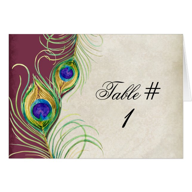 Pfauenfeder-Hochzeitstisch-Zeltkarte Himbeere (Vorderseite (Horizontal))