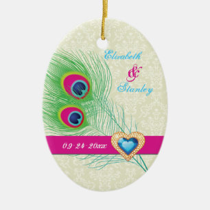Pfauenfeder-Juwel-Herz-Hochzeit Save the Date Keramik Ornament