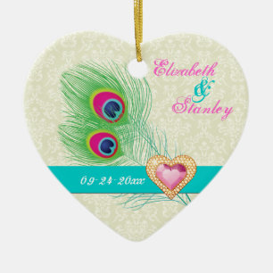 Pfauenfeder-Juwel-Herz-Hochzeit Save the Date Keramikornament