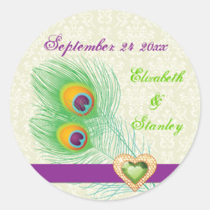 Pfauenfeder-Juwel-Herz-Hochzeit Save the Date Runder Aufkleber